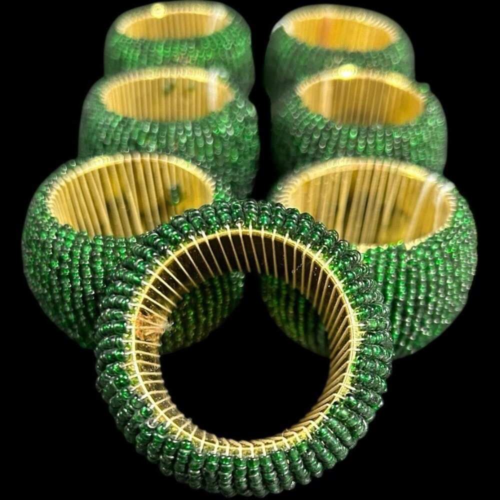 Wamsutta Napkin Rings Dark Green & Gold Beaded Barrel Set of 7 NWT